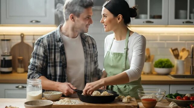 Man and woman preparing food, man cooks in pan with steam, woman makes dumplings. Couple cooking together at home.