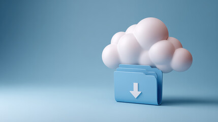 Cloud storage download folder icon, blue cloud backup data concept on pastel background, minimal secure online technology illustration