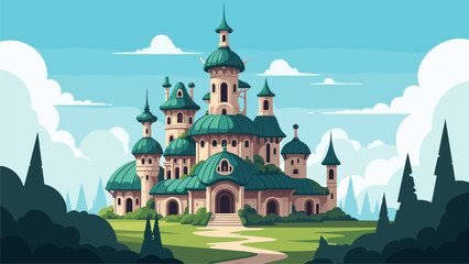 Whimsical Fairytale Castle with Teal Roofs and Lush Green Landscape Illustration © shat