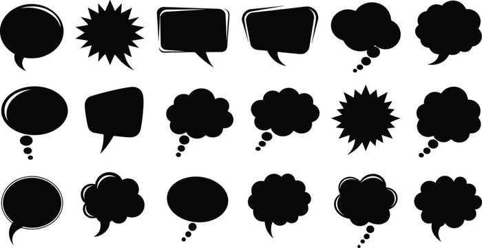 Speech and thought bubble silhouette vector set, black comic dialog icons for graphic design, storytelling, cartoon, communication and layout use.