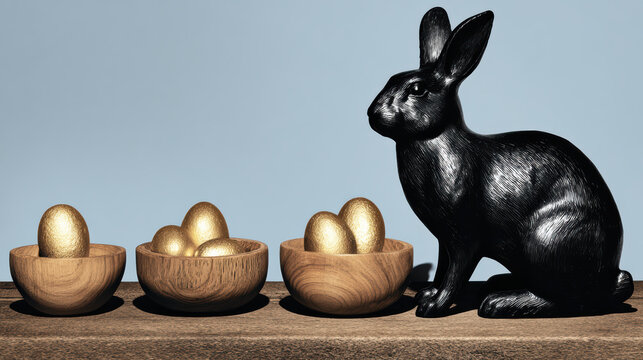 Black rabbit statue gold egg wooden bowl minimal still life Easter decoration modern holiday decor blue background wooden surface shiny metallic