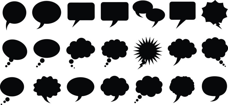 Speech and thought bubble vector icon set, black silhouette collection for comic dialog, graphic design, cartoon communication and layout elements.