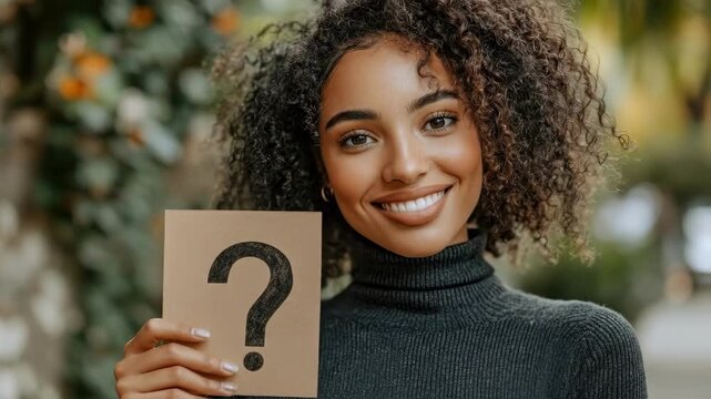 Smiling african young woman holding question mark card outdoors