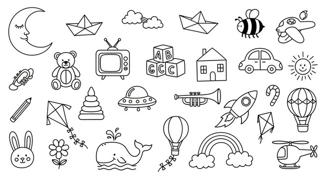 A collection of hand-drawn doodle illustrations featuring various objects and characters associated with childhood and play.