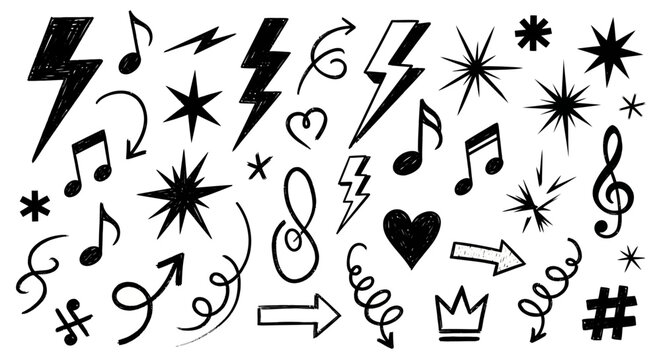 A collection of hand-drawn black doodles including lightning bolts, musical notes, hearts, stars, arrows, and a crown.