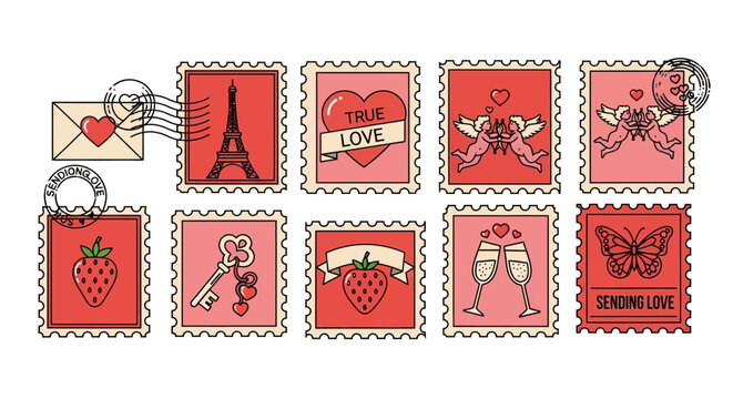 A collection of ten postage stamps with romantic and Valentine's Day themed illustrations, featuring hearts, love letters, the Eiffel Tower, strawberries, and champagne glasses.