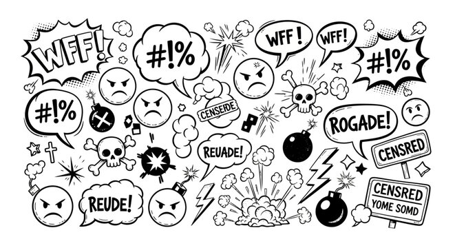A chaotic doodle collection of angry faces, censored symbols, bombs, and exclamations like WFF and REUDE, representing frustration and rage.