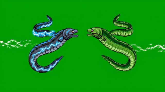 Pixel Art Electric Eel and Moray Eel Synchronized Dance on Green Screen