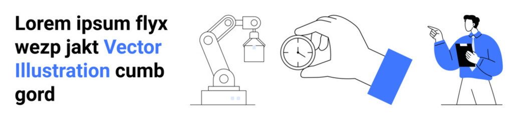 Automation, time efficiency, robotics technology, professional management, task analysis, workplace planning. Robotic arm, hand holding a clock professional holding a clipboard. Automation and time