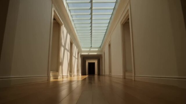 Bright hallway with glass ceiling and wooden floor showing light patterns at midday in a modern building
