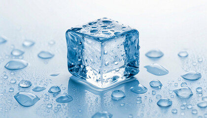 Close-up of a clear ice cube melting with water droplets