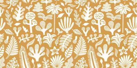 Seamless tropical jungle abstract pattern with palm tree, leaves, flowers. Summer texture. Ochre background. Wallpaper, textile print, fabric, Vector illustration. © Anna