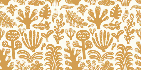 Seamless jungle tropical abstract pattern with palm tree, leaves. Summer texture. Print, wallpaper, textile, wrapping paper. Ochre elements. White background. Vector illustration.  © Anna