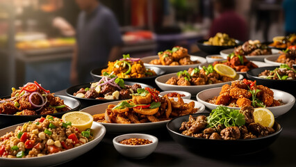 Obraz premium Extensive selection of buffet-style dishes arranged on a long table in a busy restaurant setting offering a variety of flavors and culinary experiences