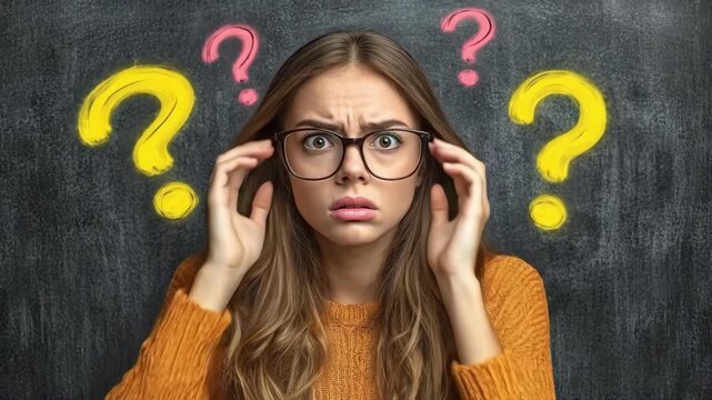 Confused young caucasian woman with glasses pondering questions against chalkboard background