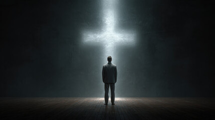 Obraz premium Man silhouette suit backlit cross light beam faith religion worship prayer spiritual holy church altar hope contemplation mysterious dark floor