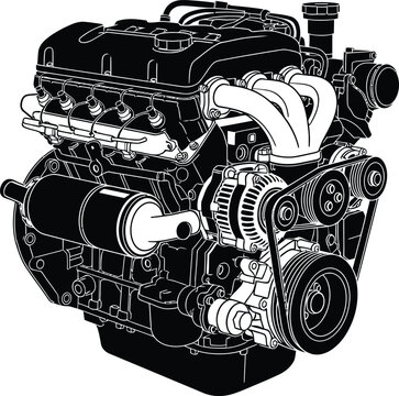 Detailed illustration of an internal combustion engine showcasing complex machinery on transparent background silhouette high quality professional detailed modern elegant stylish