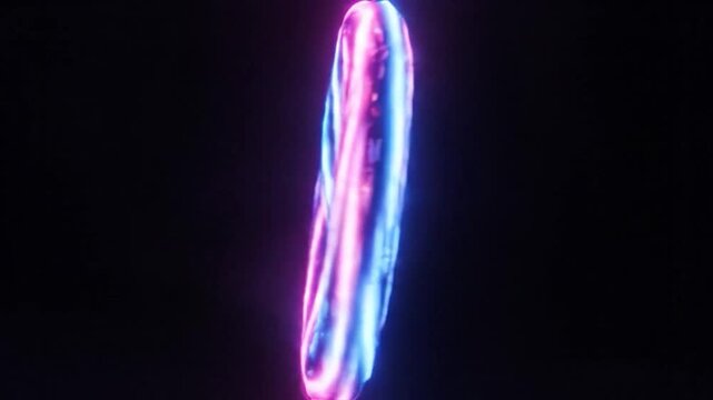 Glowing, twisted torus shape in dark space, lit by vibrant blue and pink lights, soft texture