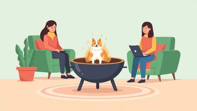 Two women relax on chairs with a dog near a barbecue pit