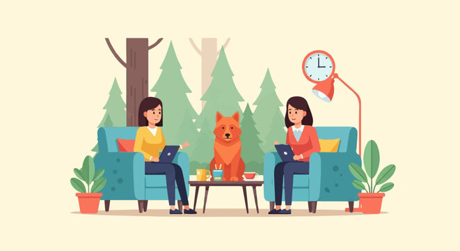 Two women relax with a dog in a cozy room with trees outside