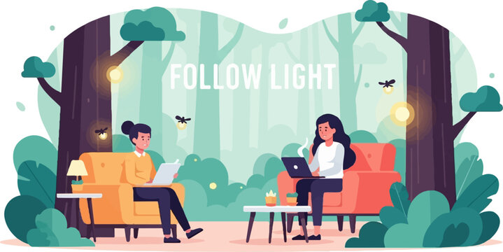 Two women relaxing and working outdoors amidst trees and fireflies