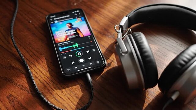 A smartphone playing music with headphones resting nearby on a wooden surface