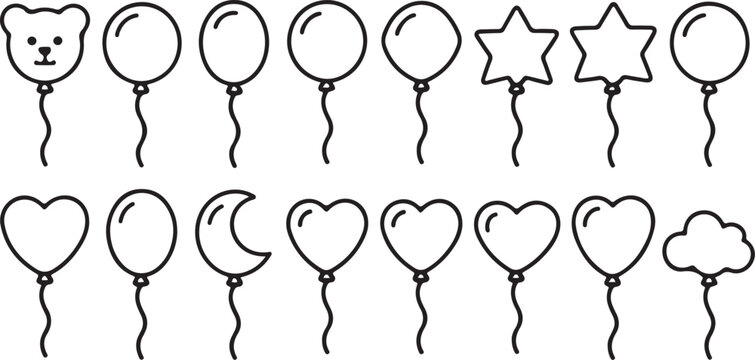 Balloon outline icons with string in line cartoon style. Different shapes for birthday, party, wedding. Black contour of balloons silhouettes. Vector