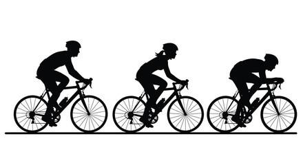 Obraz premium Silhouettes of three cyclists riding bicycles in a row on white background