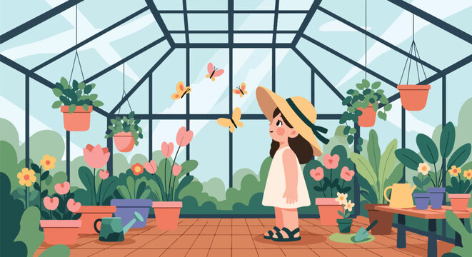 Girl wearing sun hat watching butterflies in greenhouse with flowers and glass roof, showing nature discovery, environmental learning, and peaceful zoo experience in flat vector style