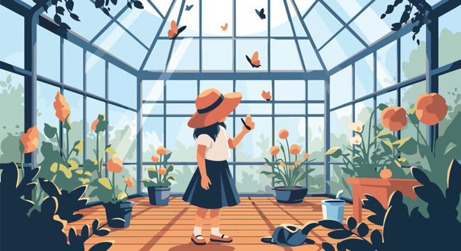 Girl wearing sun hat watching butterflies in greenhouse with flowers and glass roof, showing nature discovery, environmental learning, and peaceful zoo experience in flat vector style