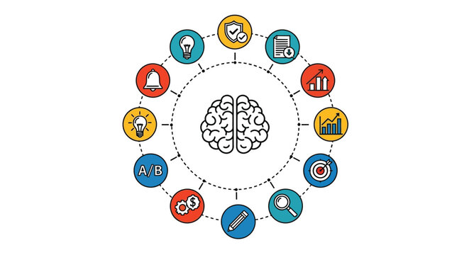 Brain with icons representing different aspects of business strategy and analysis