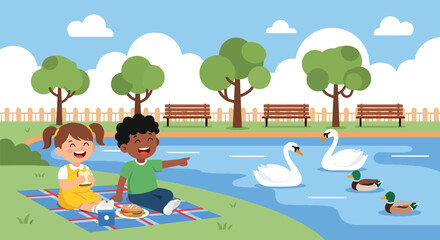 Kids enjoying picnic near lake with swans and ducks under trees, showing relaxing family moment, nature appreciation, and balanced zoo visit in modern flat vector illustration © Amie