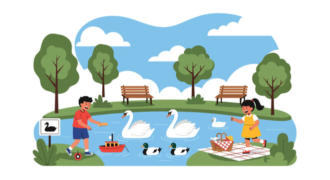 Kids enjoying picnic near lake with swans and ducks under trees, showing relaxing family moment, nature appreciation, and balanced zoo visit in modern flat vector illustration