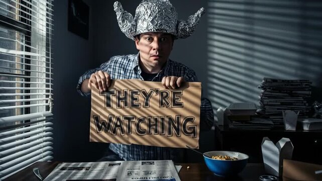 Man wearing a tin foil hat looking out a window and holding a sign with paranoia and conspiracy theory concept