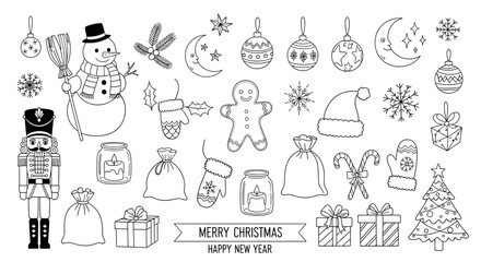 A delightful collection of hand-drawn Christmas and New Year's icons, featuring a snowman, nutcracker, gingerbread man, gifts, and festive ornaments.