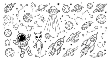 A whimsical collection of hand-drawn space-themed illustrations featuring astronauts, aliens, rockets, planets, and constellations. © Busters 