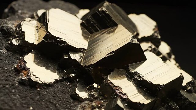 Golden pyrite crystals in extreme macro cinematic view. Sparkling cubic mineral facets on dark rock surface. Natural geology texture visualization for educational and visual effects