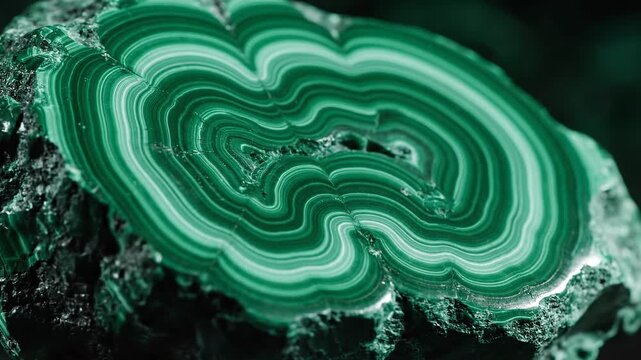 Extreme macro cinematic view of green banded mineral. Detailed wavy patterns and layered texture in natural stone. Close-up exploration of rock formations for geology visualization