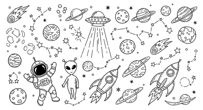 A whimsical collection of hand-drawn space-themed illustrations featuring astronauts, aliens, rockets, planets, and constellations.