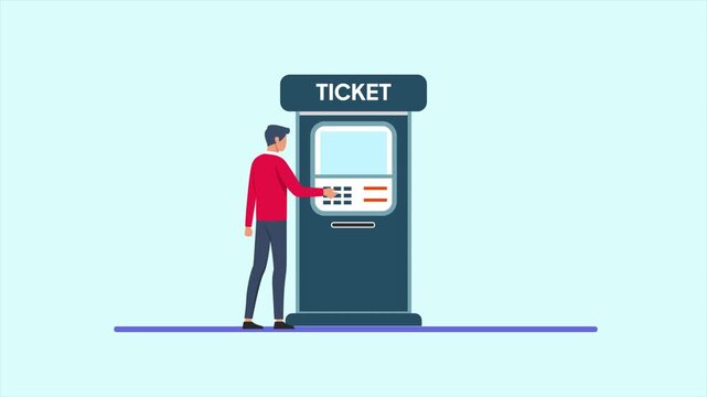 Animated video of goal man in front of ticket machine. Machine&nbsp;Ticket concept. Full length animation illustration. High quality&nbsp;4k&nbsp;footage
