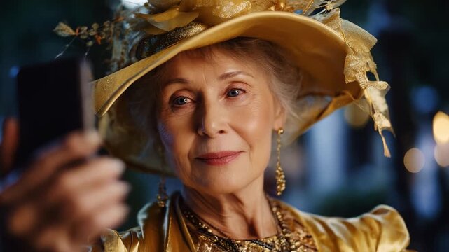 A stylish elderly woman in a vibrant yellow ensemble wearing a large embellished hat captures a selfie, showcasing her confidence and charm in an outdoor setting, illuminated by soft evening lights.