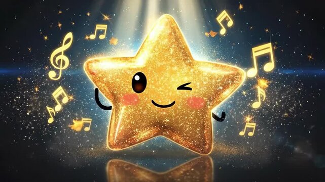 Smiling cartoon star with sparkling effect and musical notes on dark background