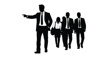 A group of four business professionals walking forward with one gesturing presented as a striking silhouette on transparent background high quality © mrvect02