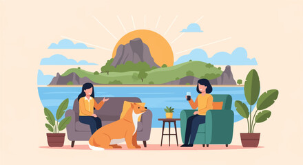 Two women and a dog relax indoors with a scenic coastal view
