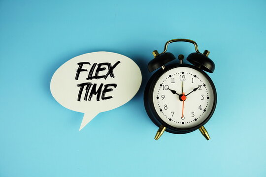 Flextime text on speech bubble with alarm clock on blue background