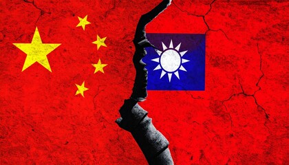 China and Taiwan flags divided by crack symbolizing conflict.