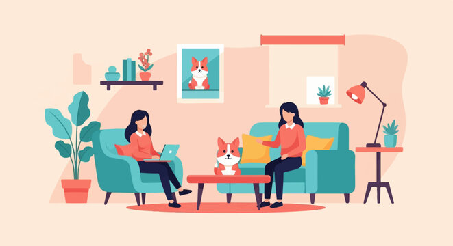 Two women and a corgi relax in a cozy living room, one with a laptop