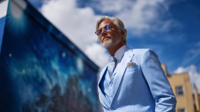 A Stylishly Dapper Gentleman in a Light Blue Suit Against a Vibrant City Mural, Exuding Sophistication and Charisma Under a Bright Summer Sky Filled with Fluffy Clouds and Artistic Expression