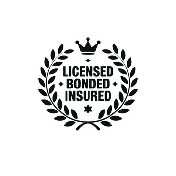 Black and white emblem featuring a crown wreath and licensing information