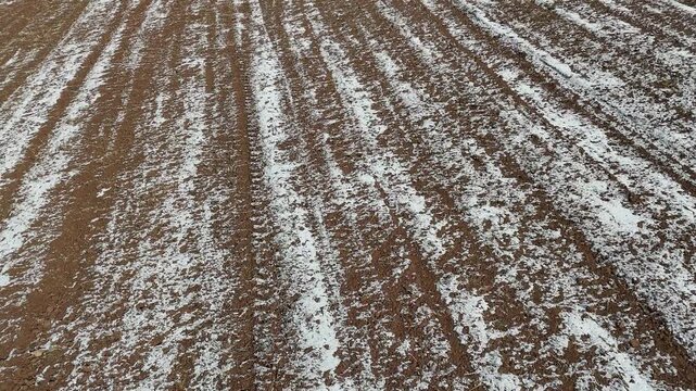 Drone top-down view of perfect diagonal stripes on an agricultural field in winter. White snow fills the furrows between the raised beds of dark brown ploughed rural earth.